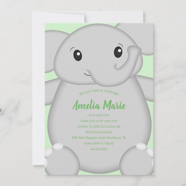 Invitación Fiesta de cumpleaños del Elefante Verde (Anverso)