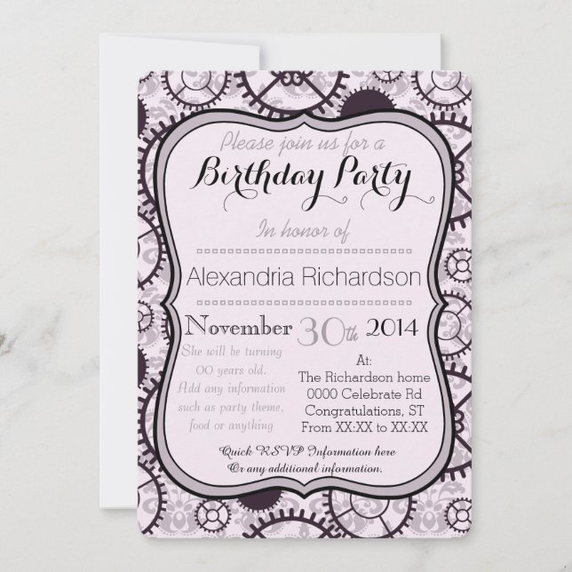 Invitación Fiesta de cumpleaños del engranaje y del damasco (Anverso)