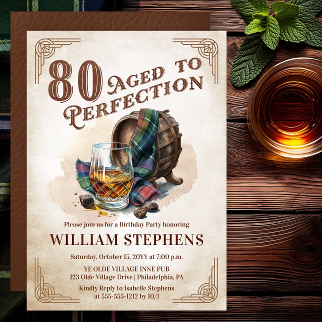 Invitación Fiesta de cumpleaños del escocés Aged to Perfectio (Aged to Perfection 90th Birthday Party Scotch Whiskey Invitation for Men)