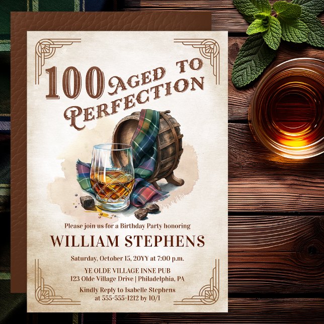 Invitación Fiesta de cumpleaños del escocés número 100 enveje (Aged to Perfection 100th Birthday Party Scotch Whiskey Invitation for Men)