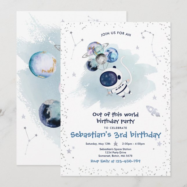 Invitación Fiesta de cumpleaños del espacio exterior fuera de (Anverso / Reverso)