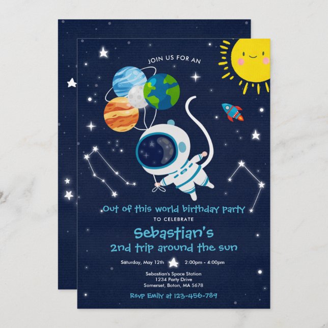 Invitación Fiesta de cumpleaños del espacio exterior fuera de (Anverso / Reverso)