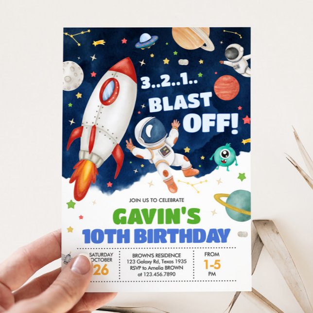 Invitación Fiesta de cumpleaños del espacio ultraterrestre de (Astronaut Outer Space Blast Off Birthday Party Invitation)