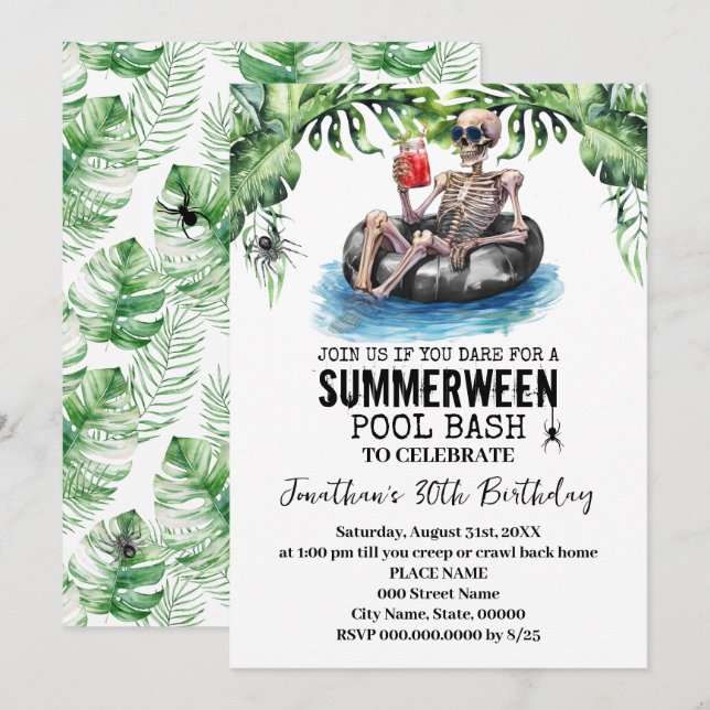 Invitación Fiesta de cumpleaños del esqueleto tropical de Sum (Anverso / Reverso)