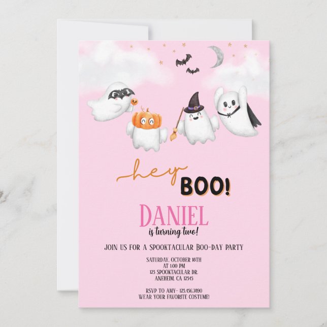 Invitación Fiesta de Cumpleaños del Fantasma de Halloween Hey (Anverso)