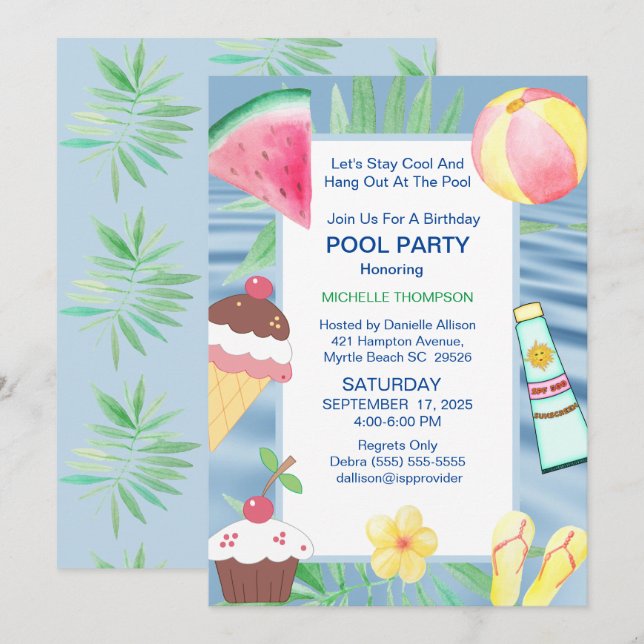 Invitación Fiesta de cumpleaños del Fiesta de la piscina (Anverso / Reverso)