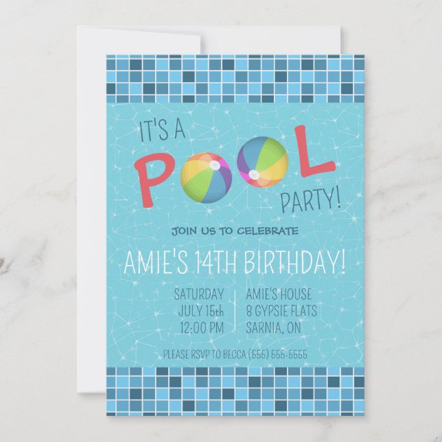 Invitación Fiesta de cumpleaños del Fiesta de la piscina (Anverso)