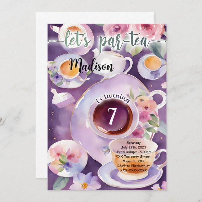 Invitación Fiesta de cumpleaños del Fiesta del té (Anverso / Reverso)