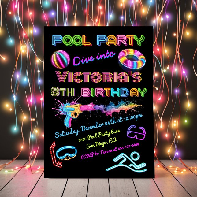 Invitación Fiesta de cumpleaños del Fiesta Neon Pool (Subido por el creador)