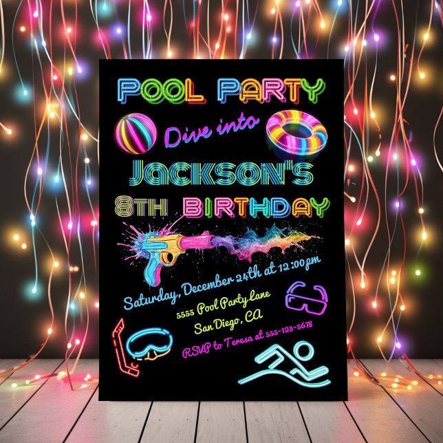 Invitación Fiesta de cumpleaños del Fiesta Neon Pool (Subido por el creador)