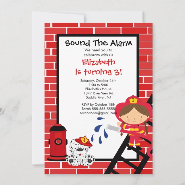 Invitación Fiesta de cumpleaños del Firetruck del chica del (Anverso)