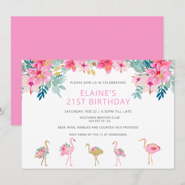 Invitación Fiesta de cumpleaños del flamenco rosado tropical (Anverso / Reverso)