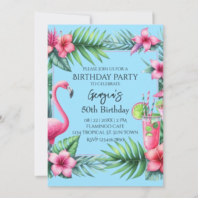 Invitación Fiesta de cumpleaños del flamenco tropical (Anverso)
