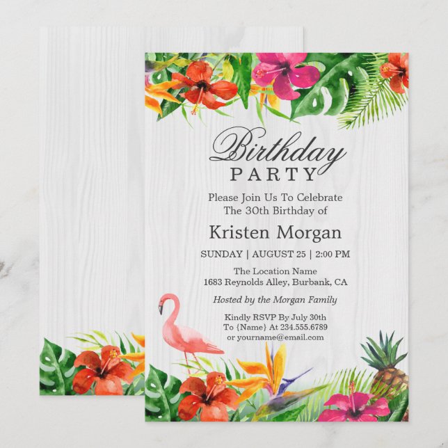 Invitación Fiesta de cumpleaños del floral tropical tropical  (Anverso / Reverso)