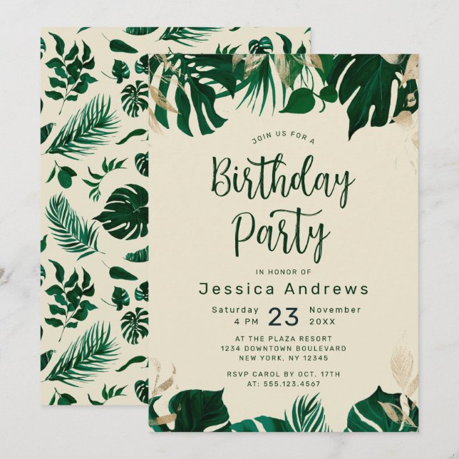 Invitación Fiesta de cumpleaños del follaje verde con tema tr (Anverso / Reverso)