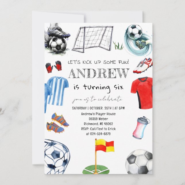 Invitación Fiesta de cumpleaños del fútbol de acuarela person (Anverso)