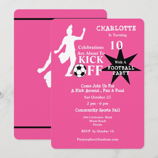 Invitación Fiesta de cumpleaños del fútbol de los chicas (Anverso / Reverso)