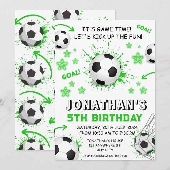 Invitación Fiesta de cumpleaños del fútbol infantil deportivo (Anverso / Reverso)