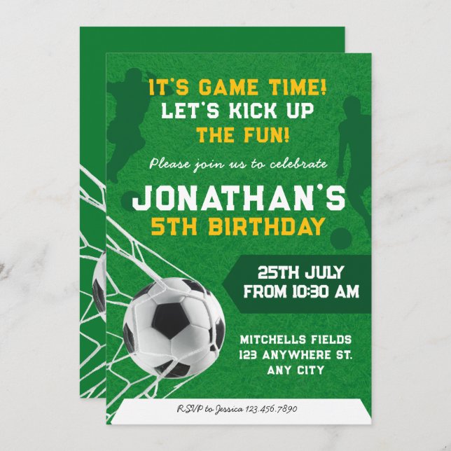 Invitación Fiesta de cumpleaños del fútbol infantil deportivo (Anverso / Reverso)