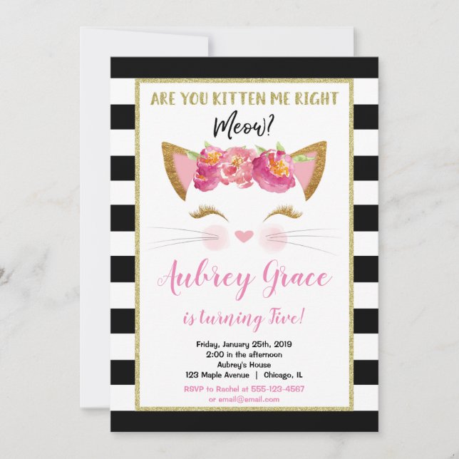 Invitación Fiesta de cumpleaños del gatito de oro blanco negr (Anverso)