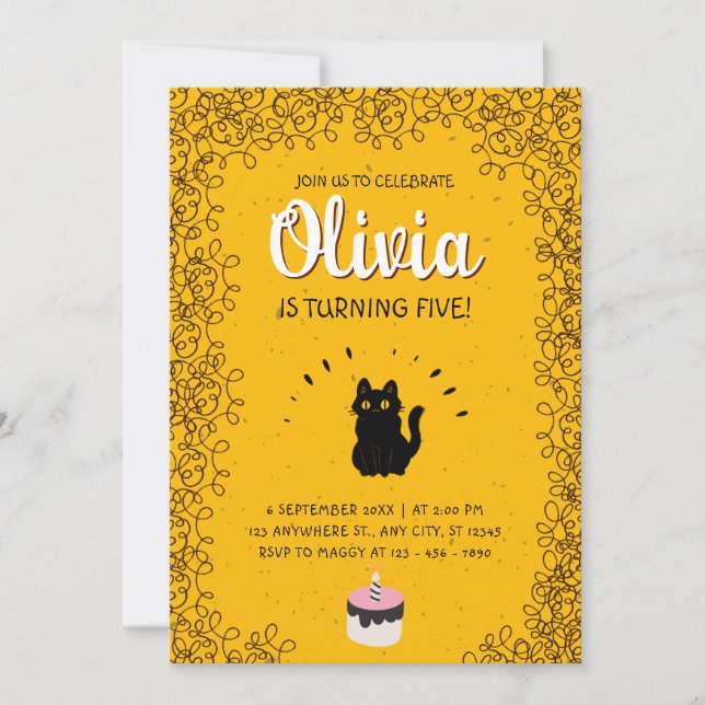 Invitación Fiesta de cumpleaños del gato (Anverso)
