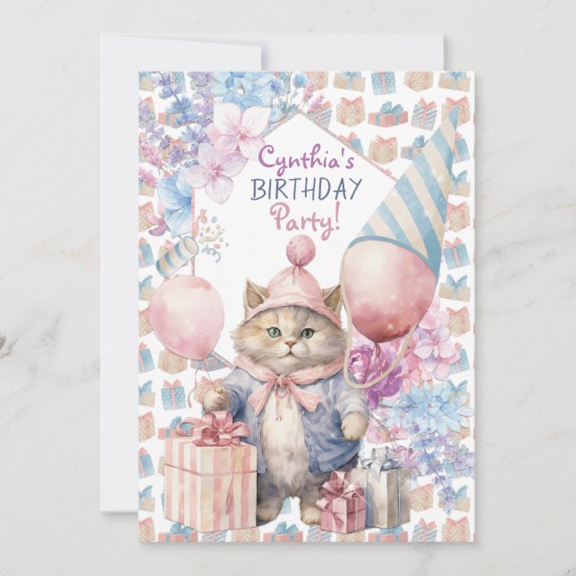 Invitación Fiesta de cumpleaños del gato (Anverso)