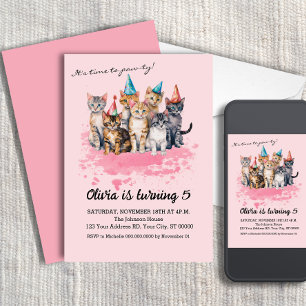 Invitación Fiesta de cumpleaños del gato, Chicas y niños