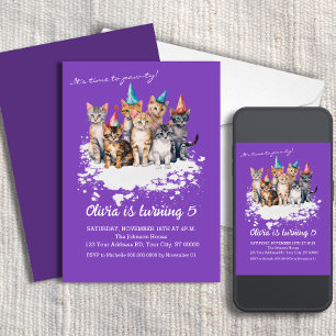 Invitación Fiesta de cumpleaños del gato, Chicas y niños mora
