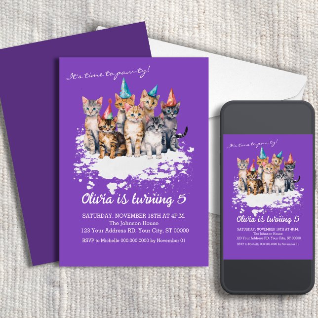 Invitación Fiesta de cumpleaños del gato, Chicas y niños mora (Subido por el creador)