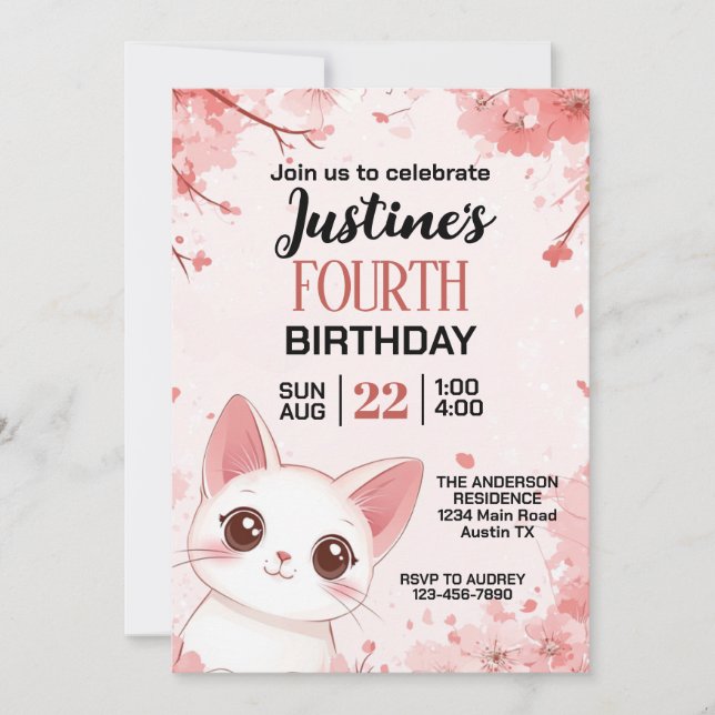 Invitación Fiesta de cumpleaños del gato de Cute Kitty (Anverso)