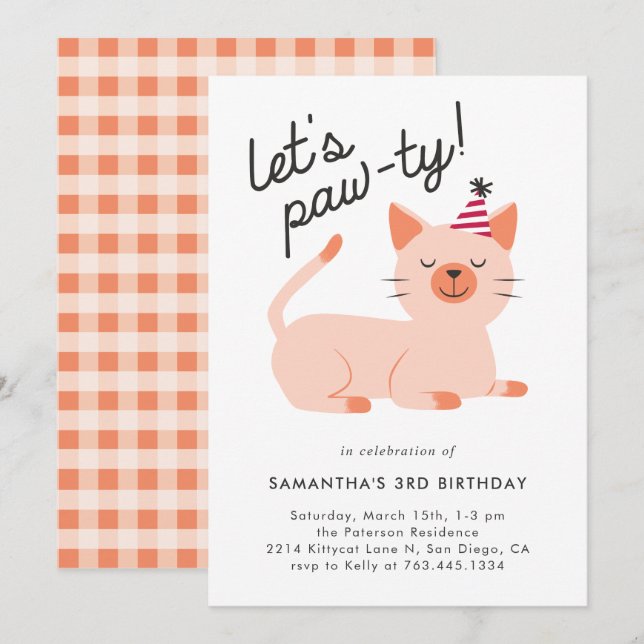 Invitación Fiesta de cumpleaños del gato Kitty (Anverso / Reverso)
