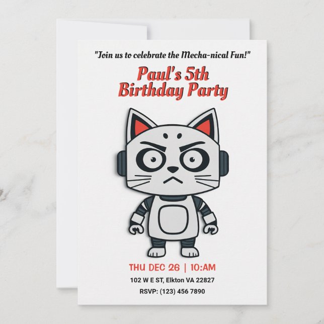 Invitación Fiesta de cumpleaños del gato Robo - Diversión fel (Anverso)