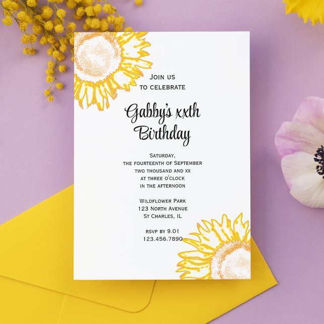 Invitación Fiesta de cumpleaños del girasol amarillo neón (Subido por el creador)