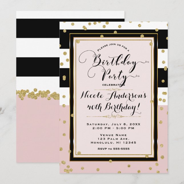 Invitación Fiesta de cumpleaños del glam blanco y negro rosad (Anverso / Reverso)