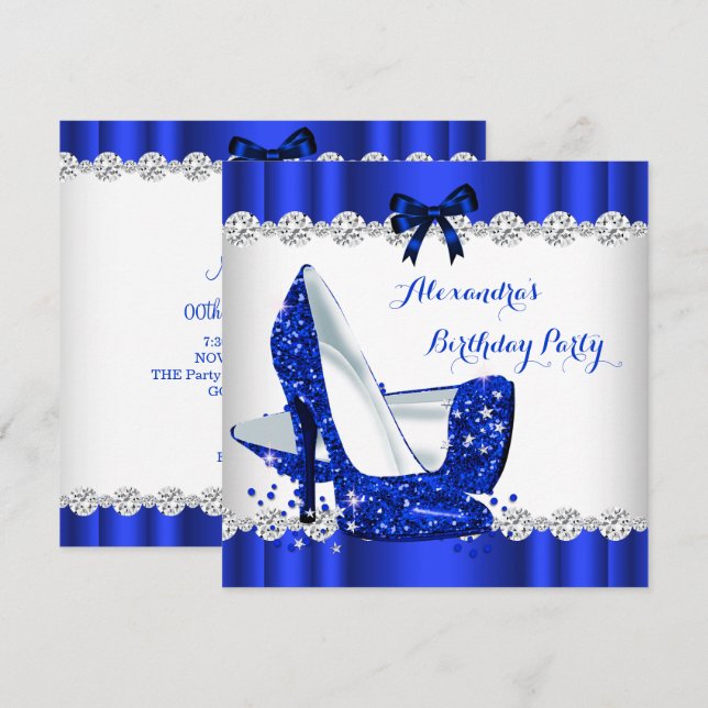 Invitación Fiesta de cumpleaños del glamour azul purpurina (Anverso / Reverso)