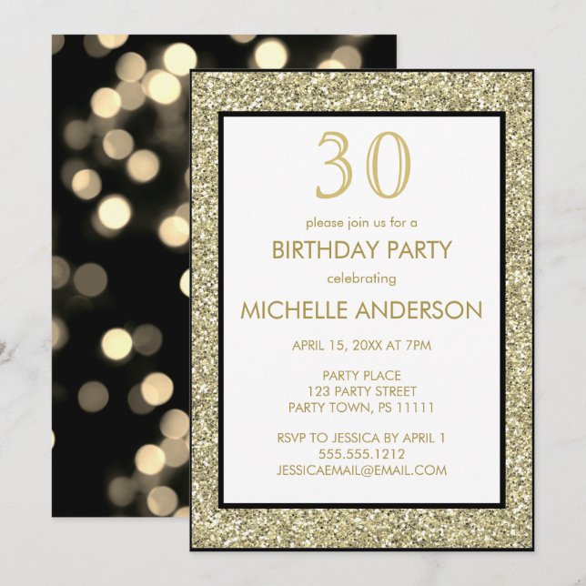 Invitación Fiesta de cumpleaños del glamour negro dorado (Anverso / Reverso)