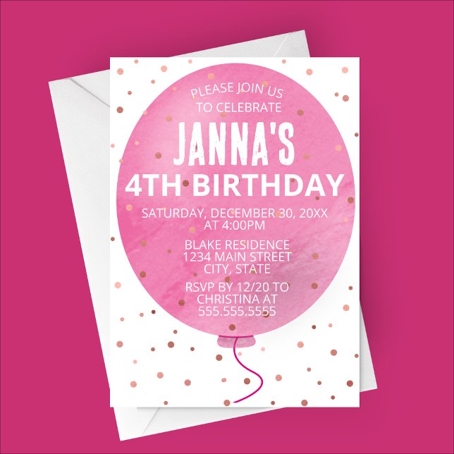 Invitación Fiesta de cumpleaños del globo acuático rosa (Pink Watercolor Balloon Party Invitation)