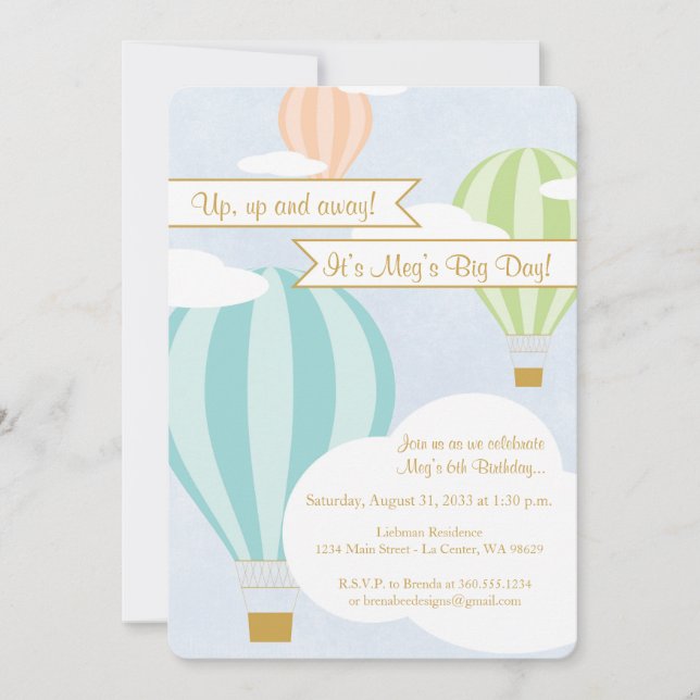 Invitación Fiesta de cumpleaños del globo aerostático (Anverso)