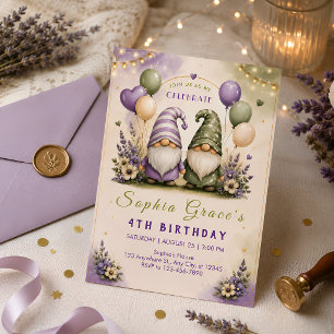 Invitación Fiesta de cumpleaños del gnomo lavanda caprichosa