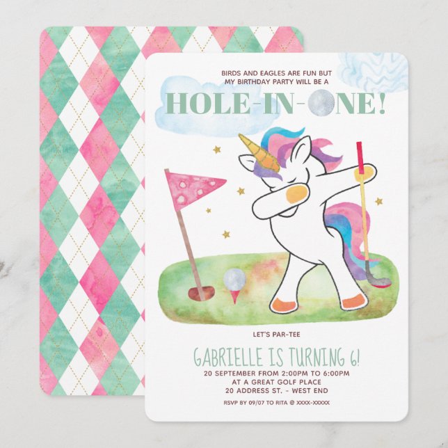 Invitación Fiesta de cumpleaños del golf de Unicorn (Anverso / Reverso)