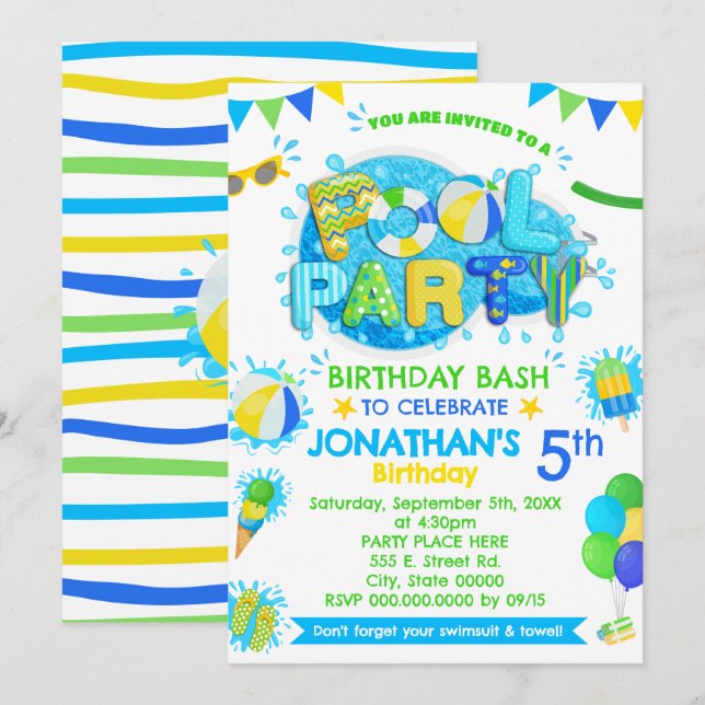 Invitación Fiesta de cumpleaños del grupo amarillo verde azul (Anverso / Reverso)