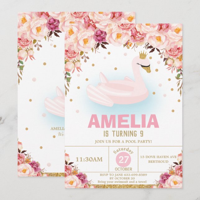 Invitación Fiesta de cumpleaños del grupo de princesas floral (Anverso / Reverso)