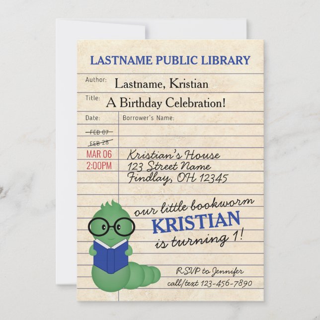 Invitación Fiesta de cumpleaños del gusano de la biblioteca a (Anverso)