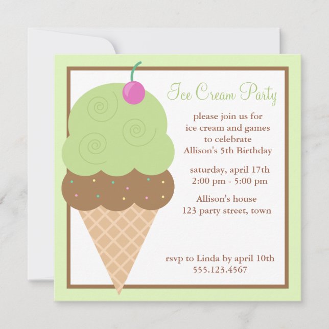 Invitación Fiesta de cumpleaños del helado verde limón (Anverso)