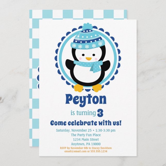 Invitación Fiesta de cumpleaños del invierno azul de Pingüino