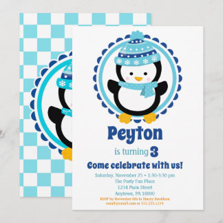 Invitación Fiesta de cumpleaños del invierno azul de Pingüino