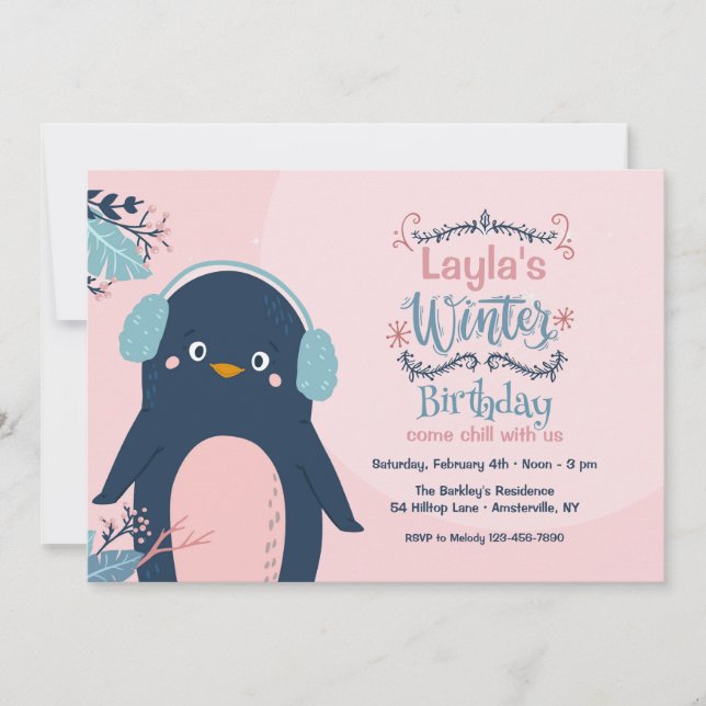 Invitación Fiesta de cumpleaños del invierno del Pingüino (Anverso)