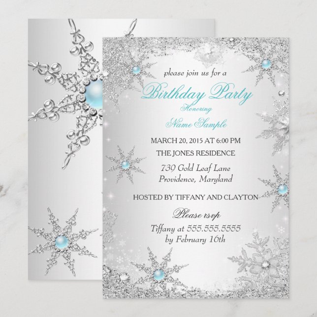 Invitación Fiesta de cumpleaños del invierno verde azulado Wo (Anverso / Reverso)