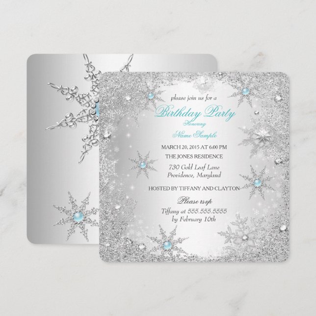 Invitación Fiesta de cumpleaños del invierno verde azulado Wo (Anverso / Reverso)