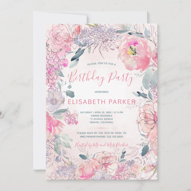 Invitación Fiesta de cumpleaños del jardín de rosas rosas ros (Anverso)